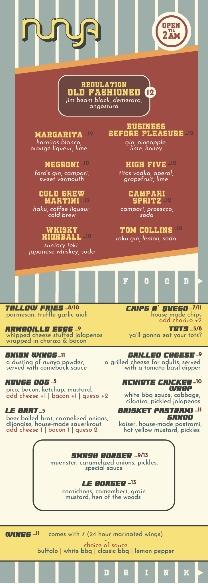Nunya Bar Food and Drink Menu